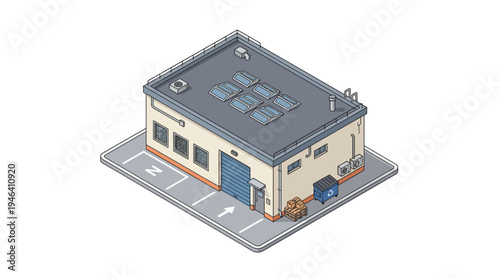 Isometric building illustration of a commercial warehouse with loading dock and parking spaces