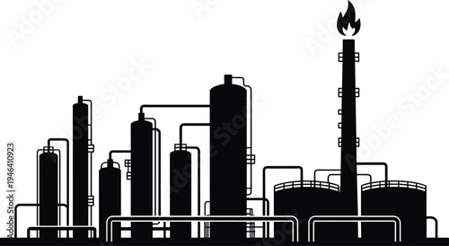 Black and white industrial oil refinery with tall chimney and multiple storage tanks and pipes