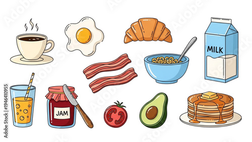 A variety of breakfast foods spread across a table indoors.