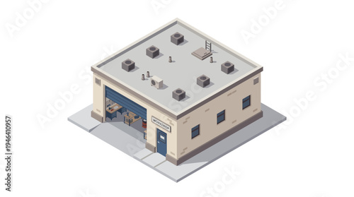 Isometric view of a commercial garage or workshop building with open bay doors and exterior details, suitable for industrial or business concepts