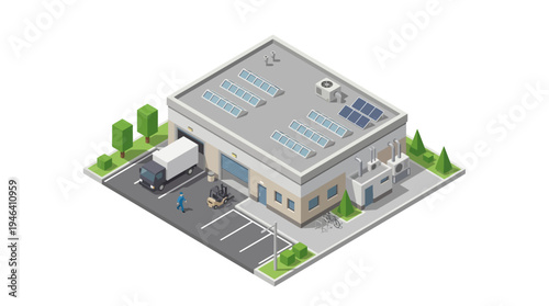 Isometric view of a modern industrial warehouse building with solar panels and a loading dock, depicting logistics and supply chain operations