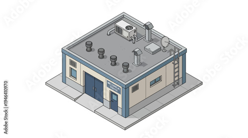Isometric view of a small, flat-roofed industrial building with various rooftop equipment, including vents and an antenna