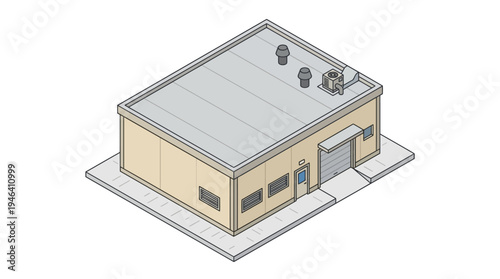 Isometric view of a commercial warehouse building with loading dock and windows, representing industrial storage and logistics