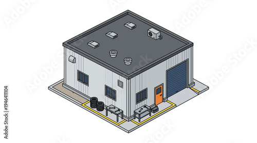 Isometric Industrial Building With Garage Door and Orange Entrance