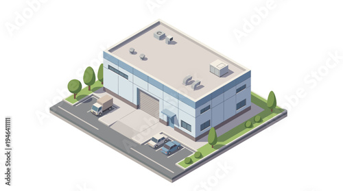 Modern industrial warehouse building with delivery trucks and cars in a suburban setting, isometric view illustration