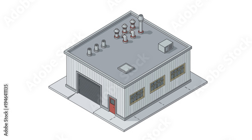 Isometric illustration of a simple industrial building with a garage door and windows