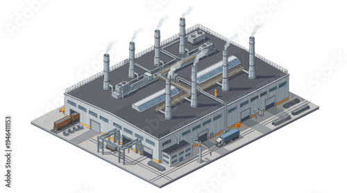 Isometric view of a large industrial manufacturing plant with multiple smokestacks emitting steam, surrounded by loading docks and delivery trucks, representing production and industry