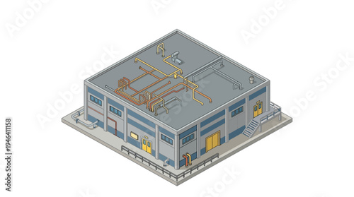 Isometric industrial building illustration with visible pipes and external conduits, representing manufacturing and production facilities