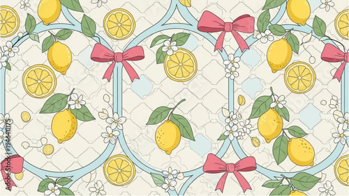 Vibrant lemons and bows adorn a decorative pattern on a tablecloth with green leaves.