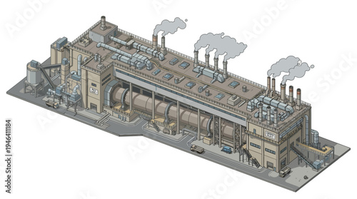 Industrial factory building complex with emitting smoke from chimneys, illustrating heavy industry and manufacturing processes in an isometric view