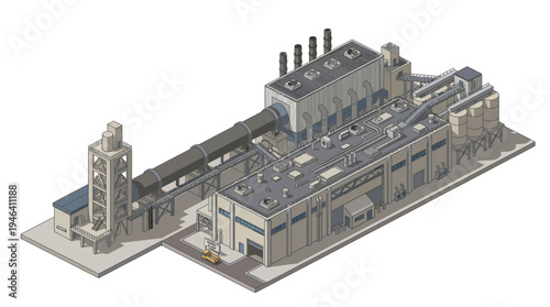 Isometric view of a modern industrial power plant with industrial structures and machinery for energy production, representing industrial infrastructure and power generation