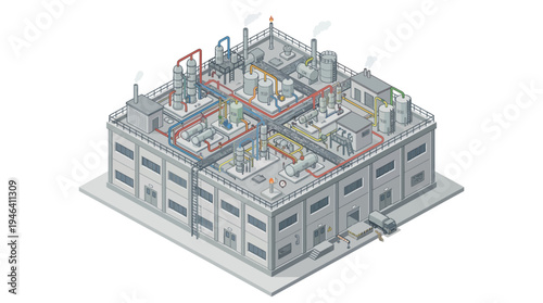 Industrial plant with complex piping and machinery, isometric view, illustrating chemical manufacturing and production processes