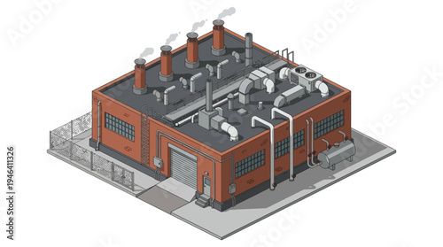 Isometric view of a brick industrial factory building with smoking chimneys and pipes