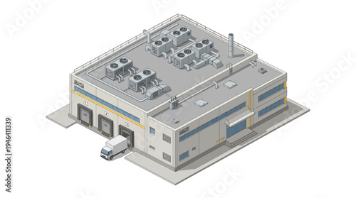 Modern Industrial Warehouse Building with Loading Dock and Delivery Truck in Isometric View