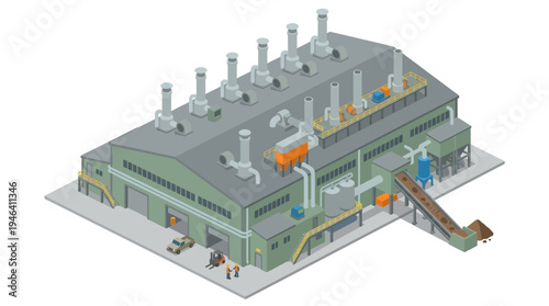 Isometric illustration of a modern industrial factory building with smokestacks and loading bay, representing manufacturing and production processes