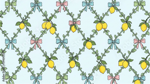 A colorful pattern of lemons and bows on a light blue background