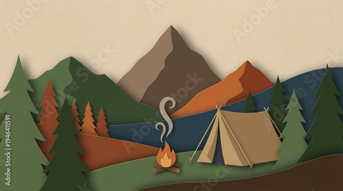 Enjoying a peaceful camping trip with a tent and campfire amidst rolling hills and pine trees, evoking a sense of nature and adventure