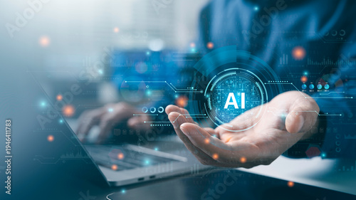 AI Artificial Intelligence. Business man using AI automation technology for data analysis, data driven workflow optimization, machine learning, business intelligence.
