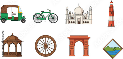 Colorful vector illustration of Indian culture icons including Taj Mahal India Gate auto rickshaw bicycle lighthouse pavilion wheel landscape design