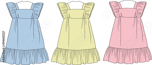 Three pastel-colored dresses with ruffled sleeves and tiered skirts in blue, yellow, and pink