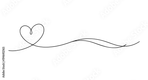 Minimalist Continuous Line Drawing of a Heart and Elegant Swirl Design Element