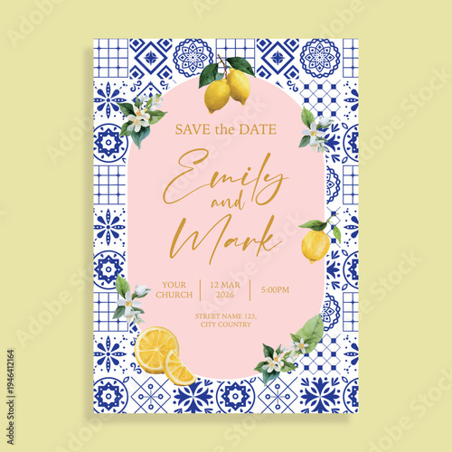 Mediterranean lemon blossom and blue Sicilian majolica tile save the date wedding invitation card template with pink arch frame and gold calligraphy