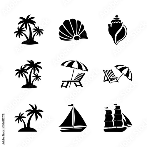 Tropical Vacation and Beach Holiday Black Silhouette Icons Collection for Summer Travel Designs