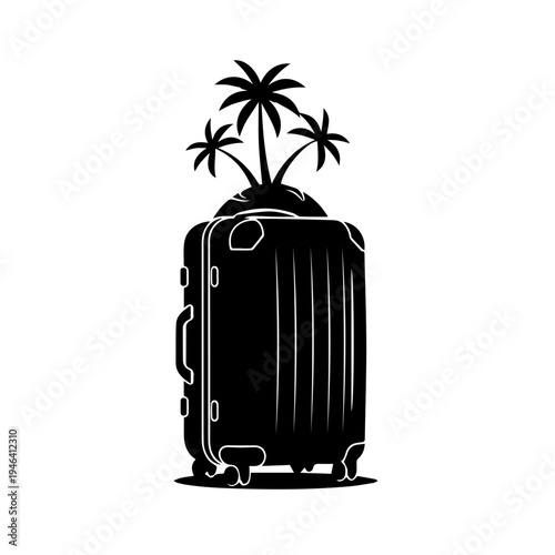 Vacation Paradise Concept Travel Luggage with Tropical Island Silhouette and Palm Trees