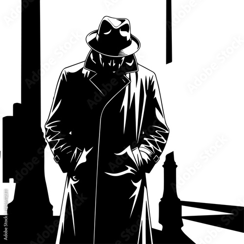 Mysterious Man in Trench Coat and Hat Standing in City Silhouette