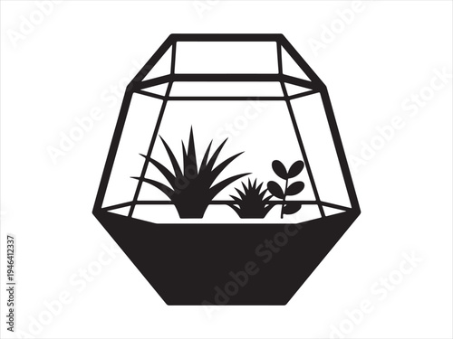 A geometric glass terrarium with plants inside succulents silhouette vector illustration