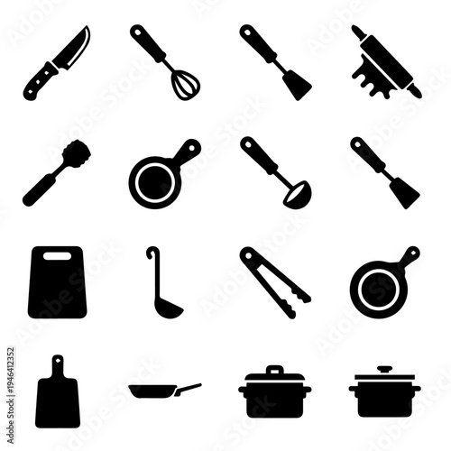 A collection of essential cooking and kitchen utensil icons
