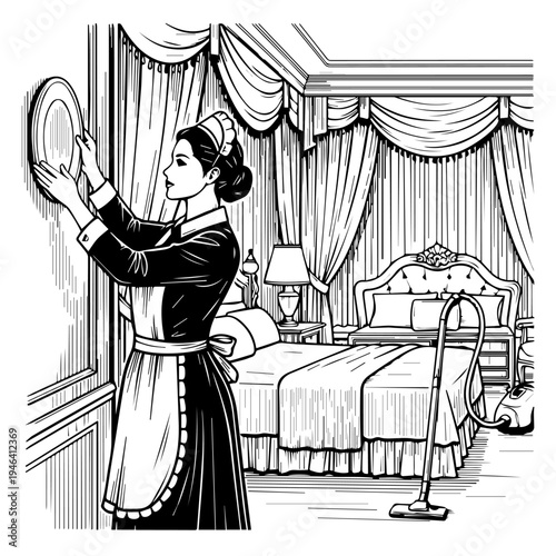 A maid dusting a plate in a luxurious hotel room