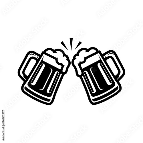 Classic illustration of two frothy beer mugs clinking together, symbolizing a cheerful toast and celebration