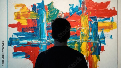 Young male observing colorful abstract art in gallery.