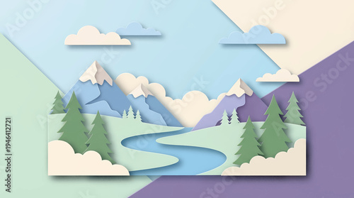 Whimsical paper cut-out landscape illustration featuring mountains, trees, and a winding river under a cloudy sky
