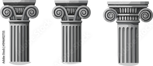 Set of ancient ionic greek columns with spiral capitals classical architecture pillars antique stone temple elements isolated vector illustration design collection style