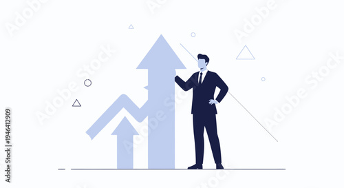 Businessman standing next to rising arrow graph, symbolizing growth and success