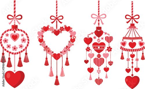 Valentine’s Day ornament vector set featuring hearts, flowers, tassels, bows, and beads in decorative red and pink romantic celebration illustration