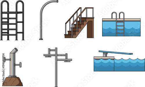 Swimming pool structures and accessories vector illustration with ladder, outdoor shower, wooden staircase, diving board, above‑ground pool, poolside light fixture