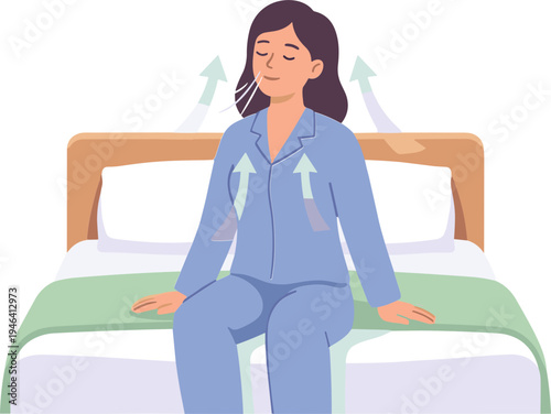 Woman sitting on bed with arrows indicating breathing exercise