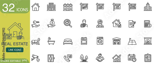 Real estate icon line icon property house building apartment rent sale mortgage investment modern vector set for web and print marketing layout clean minimal outline style collection