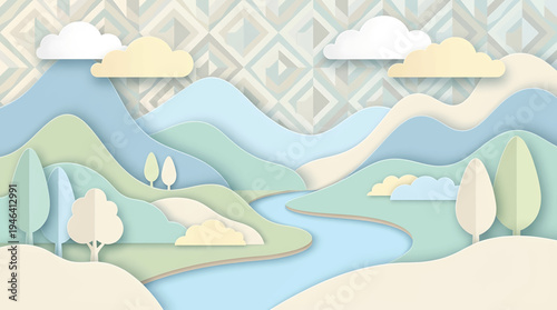 Whimsical Papercut Landscape Illustration with Rolling Hills, a Winding River, and Fluffy Clouds