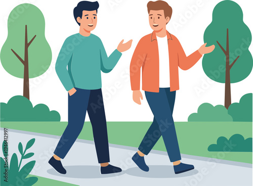 Two men are walking and talking on a path in a park with trees