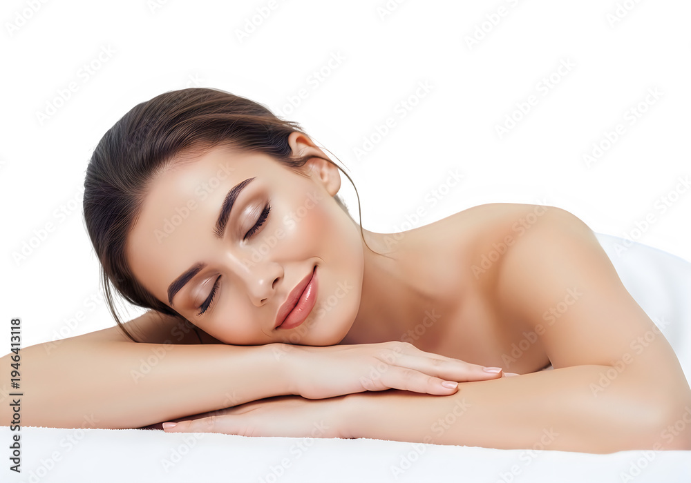 Fototapeta premium A serene young woman with smooth skin resting her head on her folded hands during a spa treatment