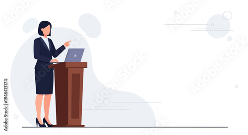 Businesswoman giving presentation at podium with laptop, pointing finger