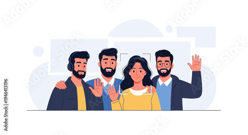 Diverse group of friends waving hello, modern illustration, teamwork, greeting