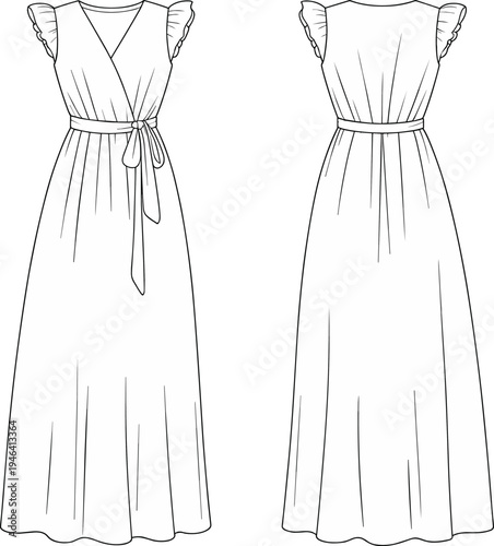 CAD drawing flat vector illustration of sleeveless women’s maxi wrap dress with belt and ruffle sleeve, front and back view