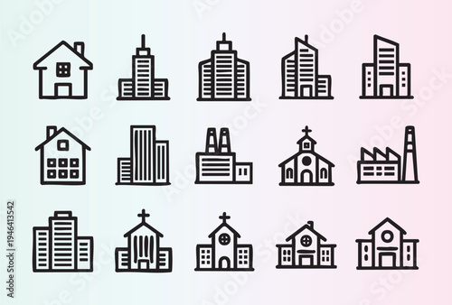 Collection of handdrawn building and architecture icons in line art style