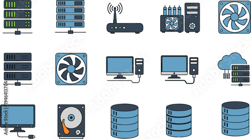 Vector illustration of computer hardware and network components including servers router desktop cooling fans cloud storage monitor hard drive database design