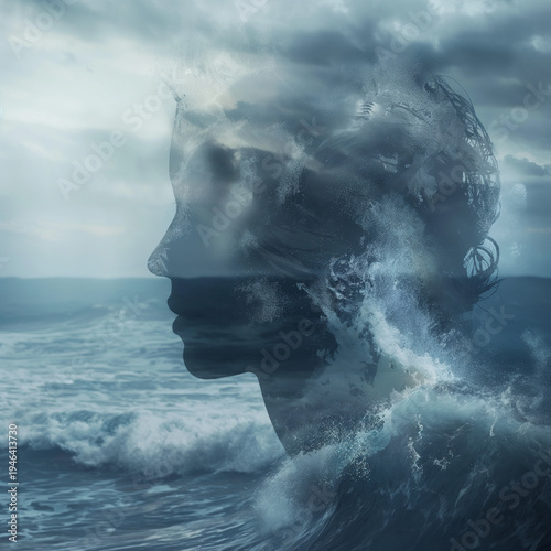 Abstract human portrait emerge layer flow blue sea water textures ripple  surface face form feeling.